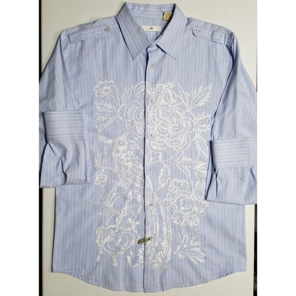 Twice Western Button Up Long Sleeve Blue Striped Embroidered Shirt Men's Large - Picture 1 of 13